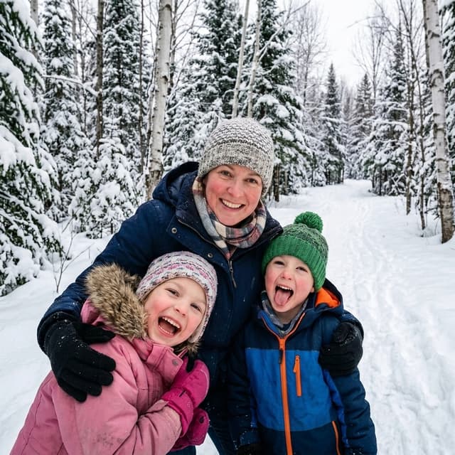Mom and two kids taking a selfie on a snowy trail