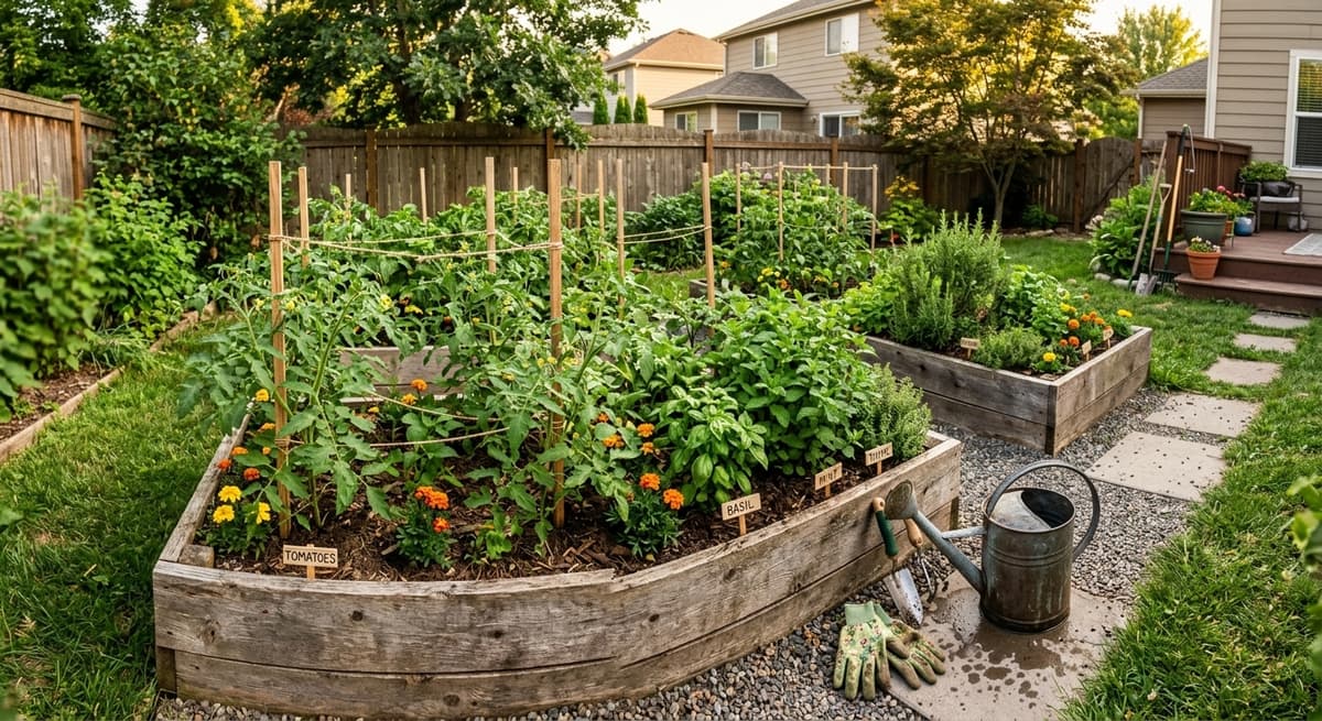 Backyard vegetable garden with raised beds, tomato plants, and herbs in golden afternoon light