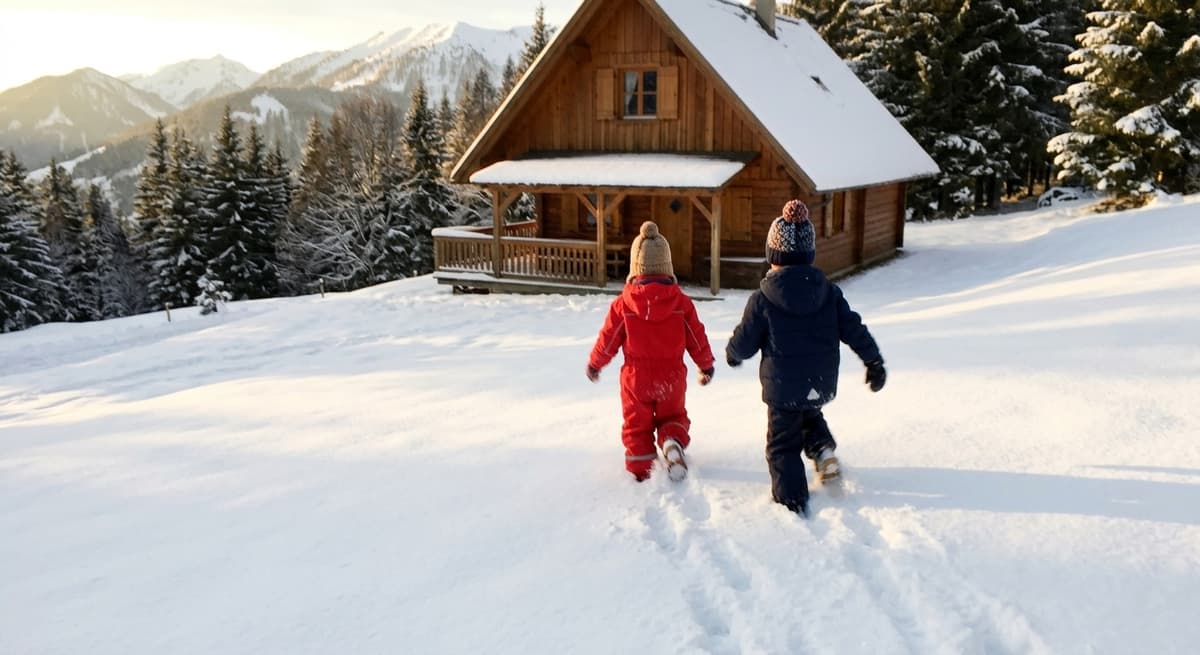 Two kids walking through snow toward a mountain cabin in golden afternoon light