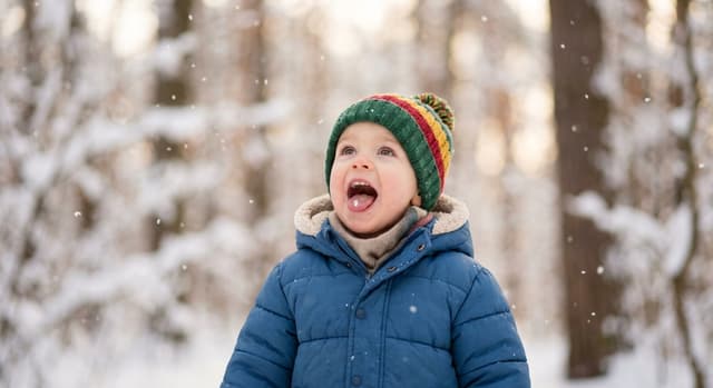 Toddler in blue puffer jacket looking up catching snowflakes